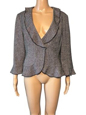 The Wrights Women's Blazer Size 10 Houndstooth Wool Blend Ruffle Flared Sleeve